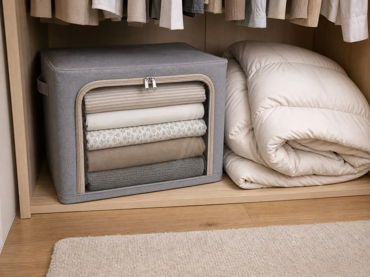 A framed fabric bedding storage box filled with folded sheets and a thin blanket while a bulky comforter sits separately beside it