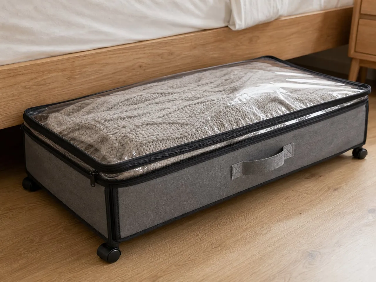 A bulky blanket pushing up the cover of a wheeled under-bed storage box