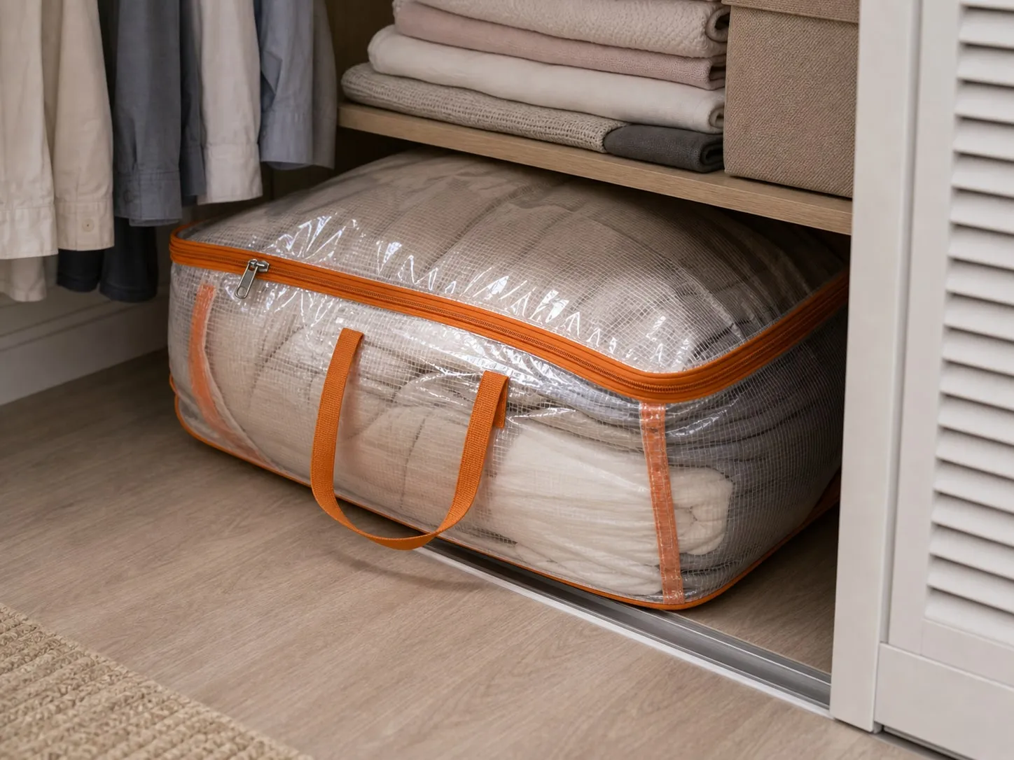 Overfilled transparent zipper storage bag bulging in front of a low closet shelf opening