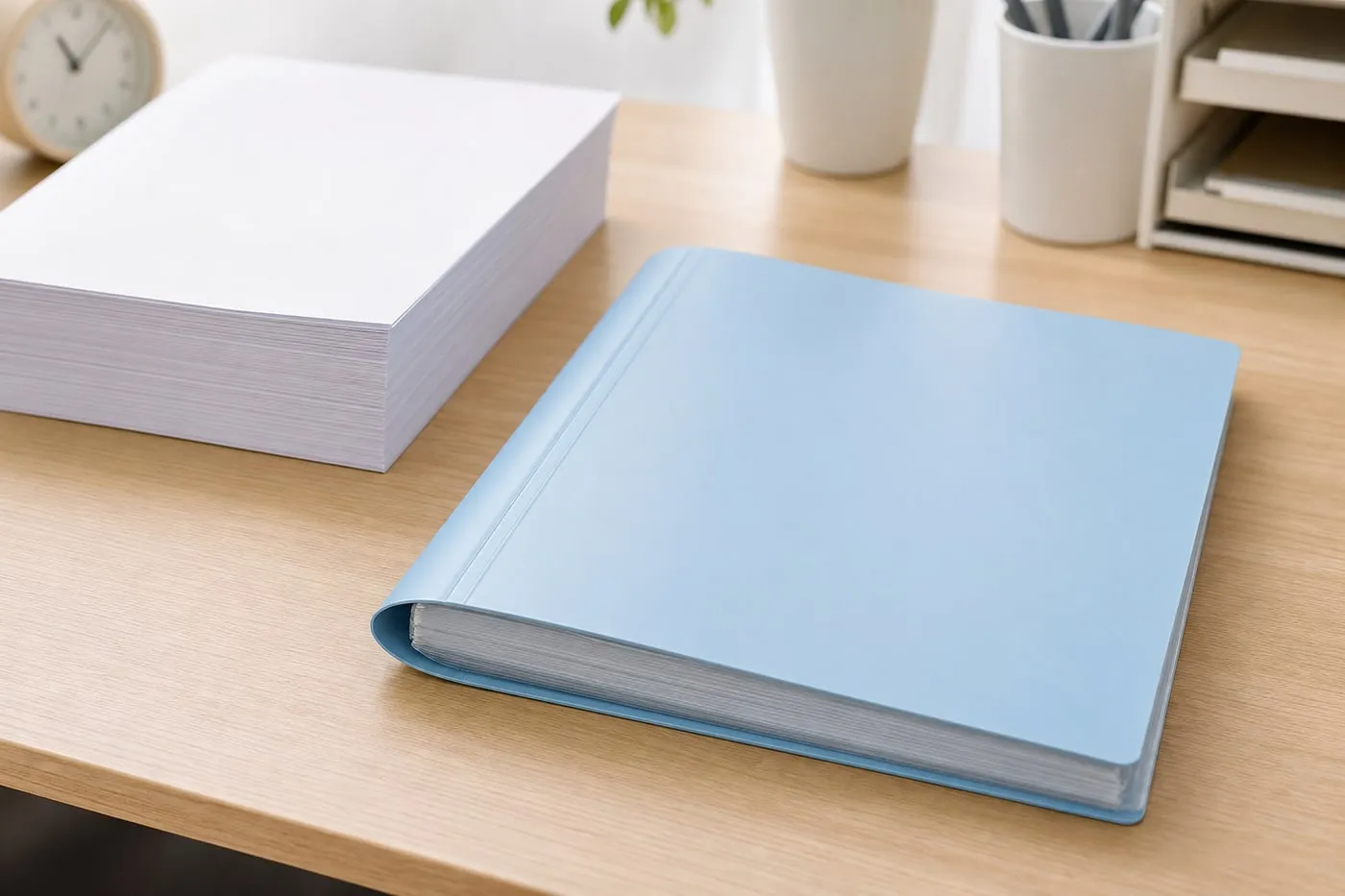 A plain pastel blue A4 pocket folder on a desk beside a thick stack of blank papers