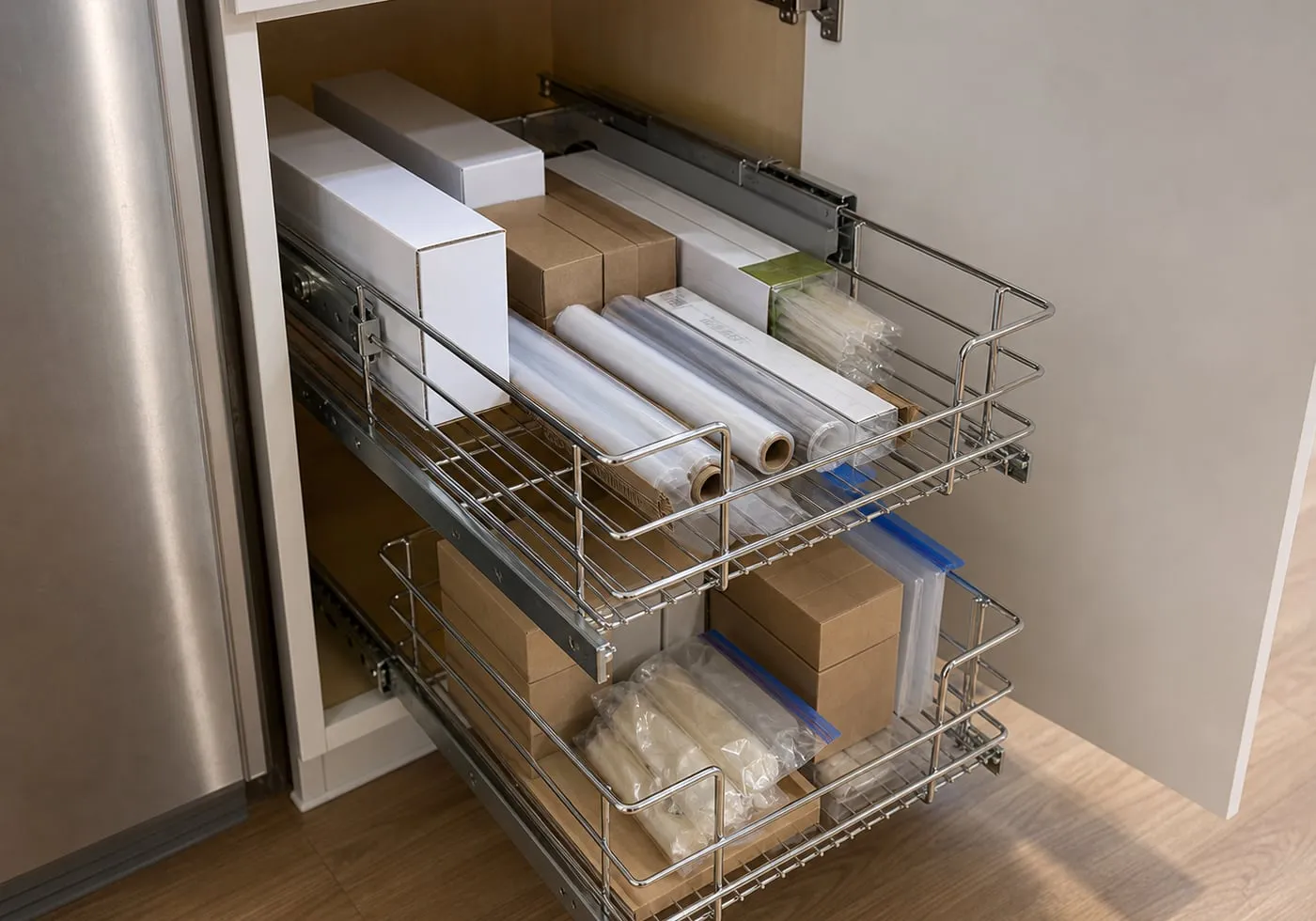 A chrome two-tier wire basket inside a deep pantry cabinet, holding plain packaged boxes, wrap rolls, spare bags, and small refill packets with open space left around them