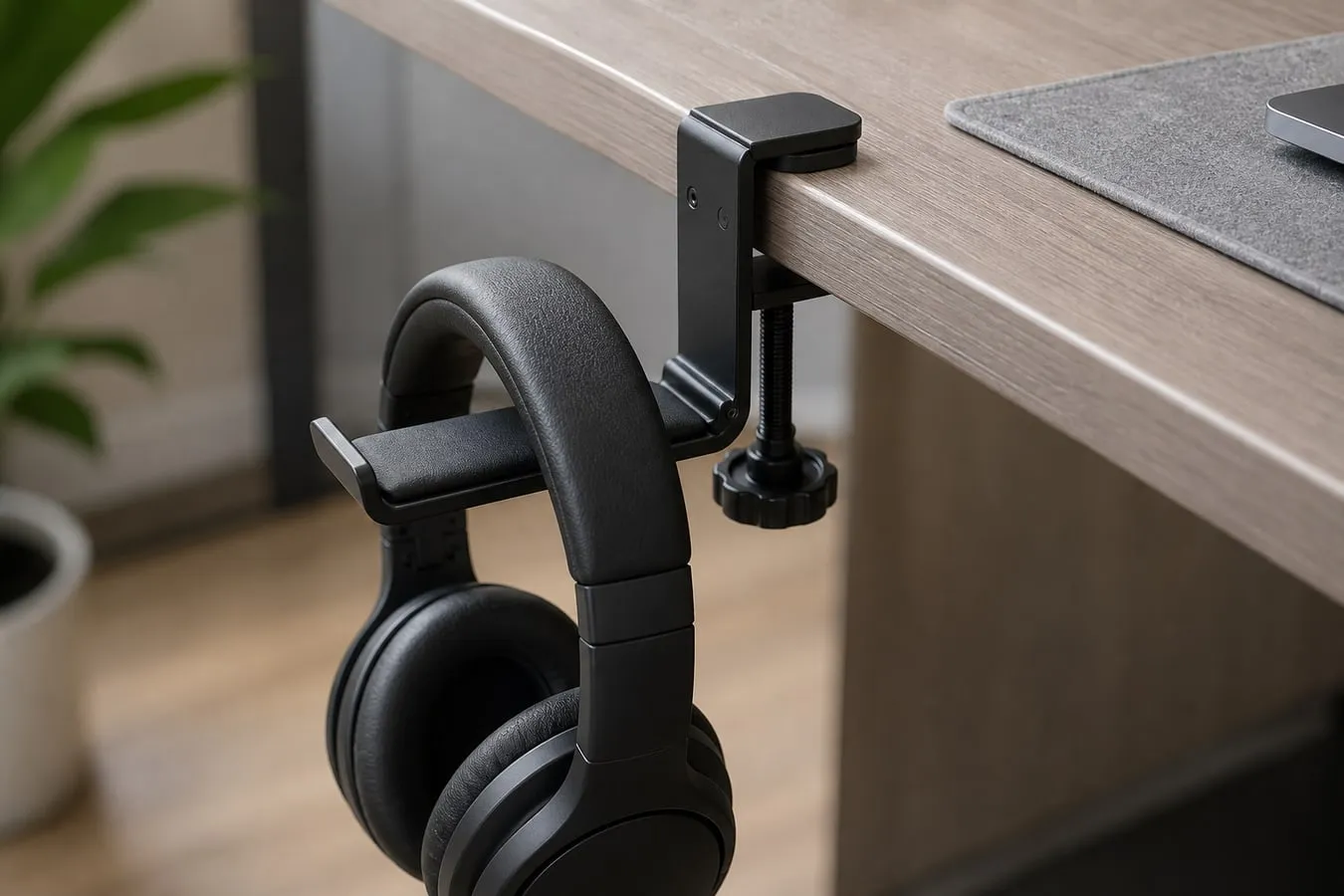 Close-up of a black screw-clamp headphone hanger with the pressure pad and screw knob visible under the desk while one headset rests on the hook