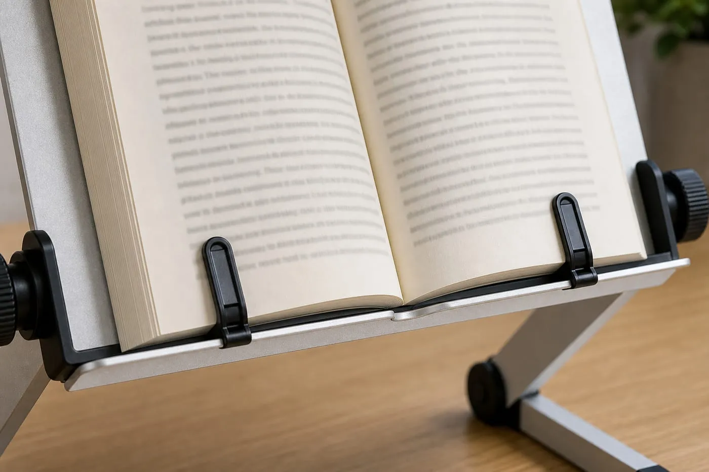 Close-up of the lower ledge and two black page clips holding a normal paperback on a silver adjustable book stand