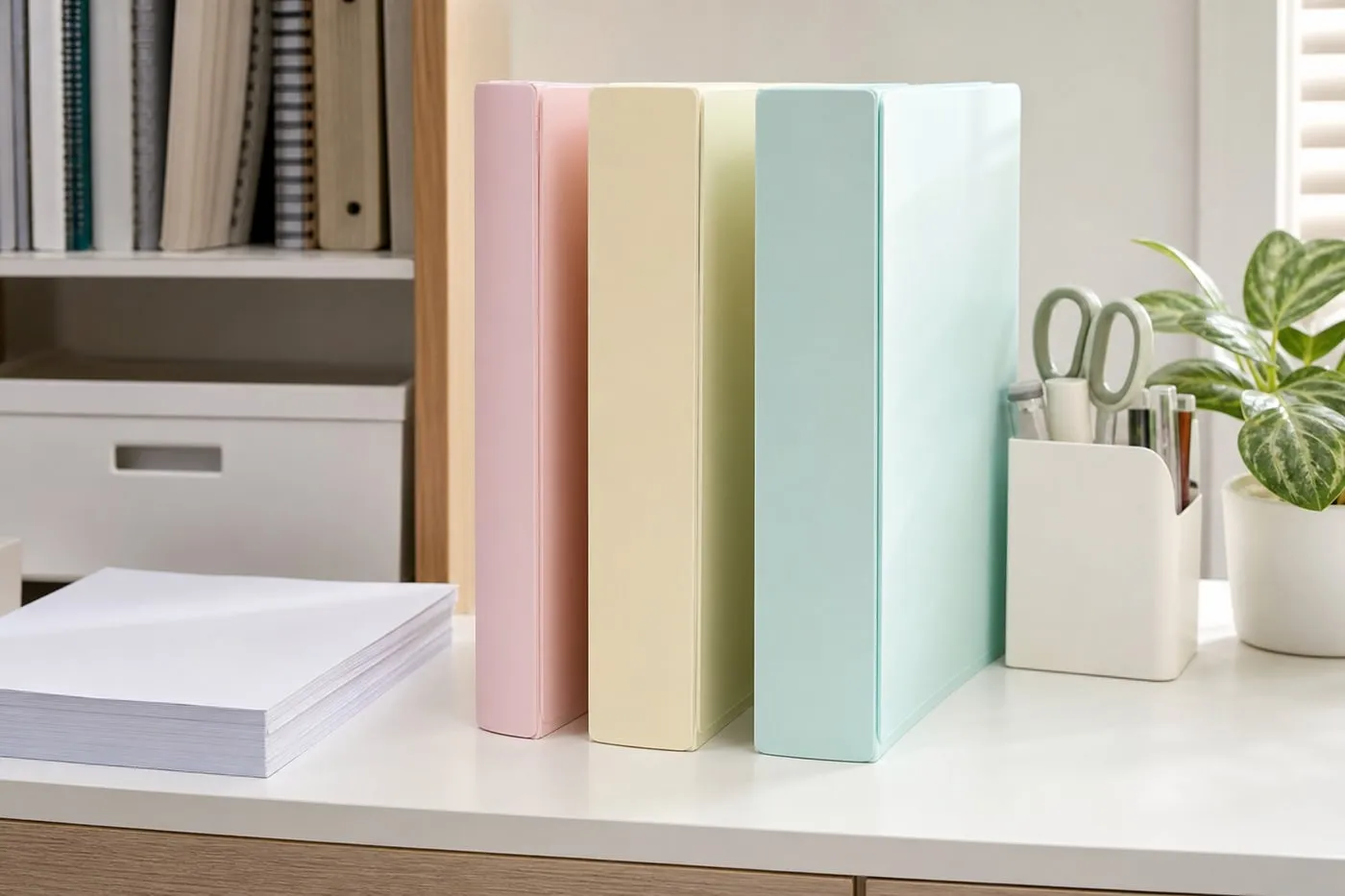 Three pastel A4 pocket folders with different spine thicknesses standing on a desk shelf beside blank papers