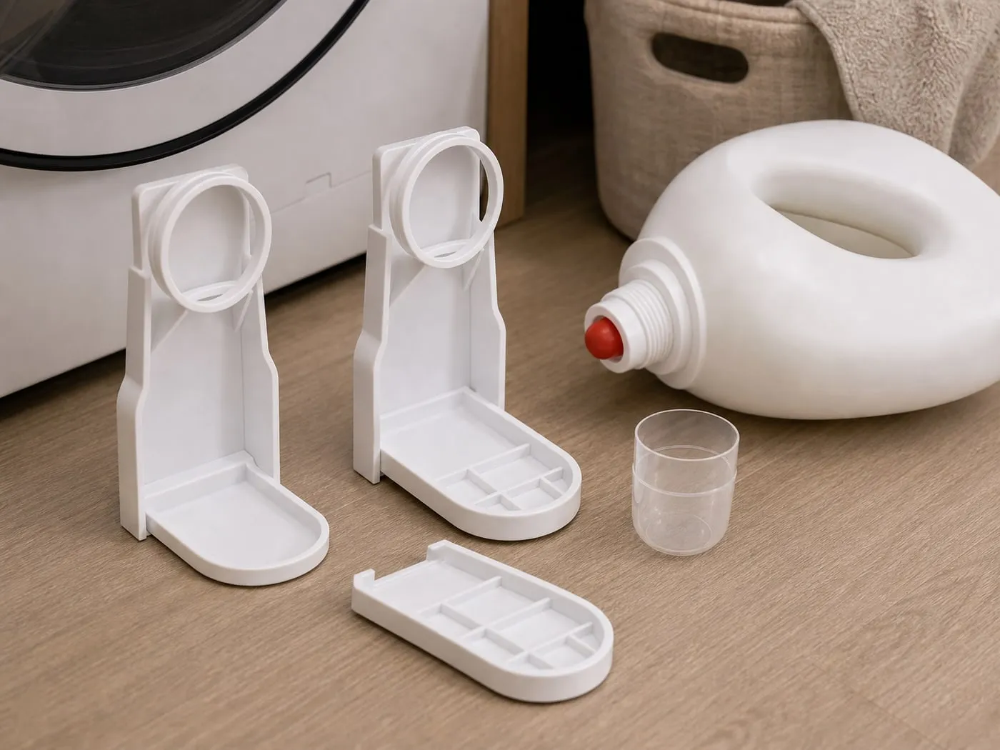 Two white detergent cup holders and separate slide-in tray pieces laid out before installation with a detergent jug and empty cap nearby