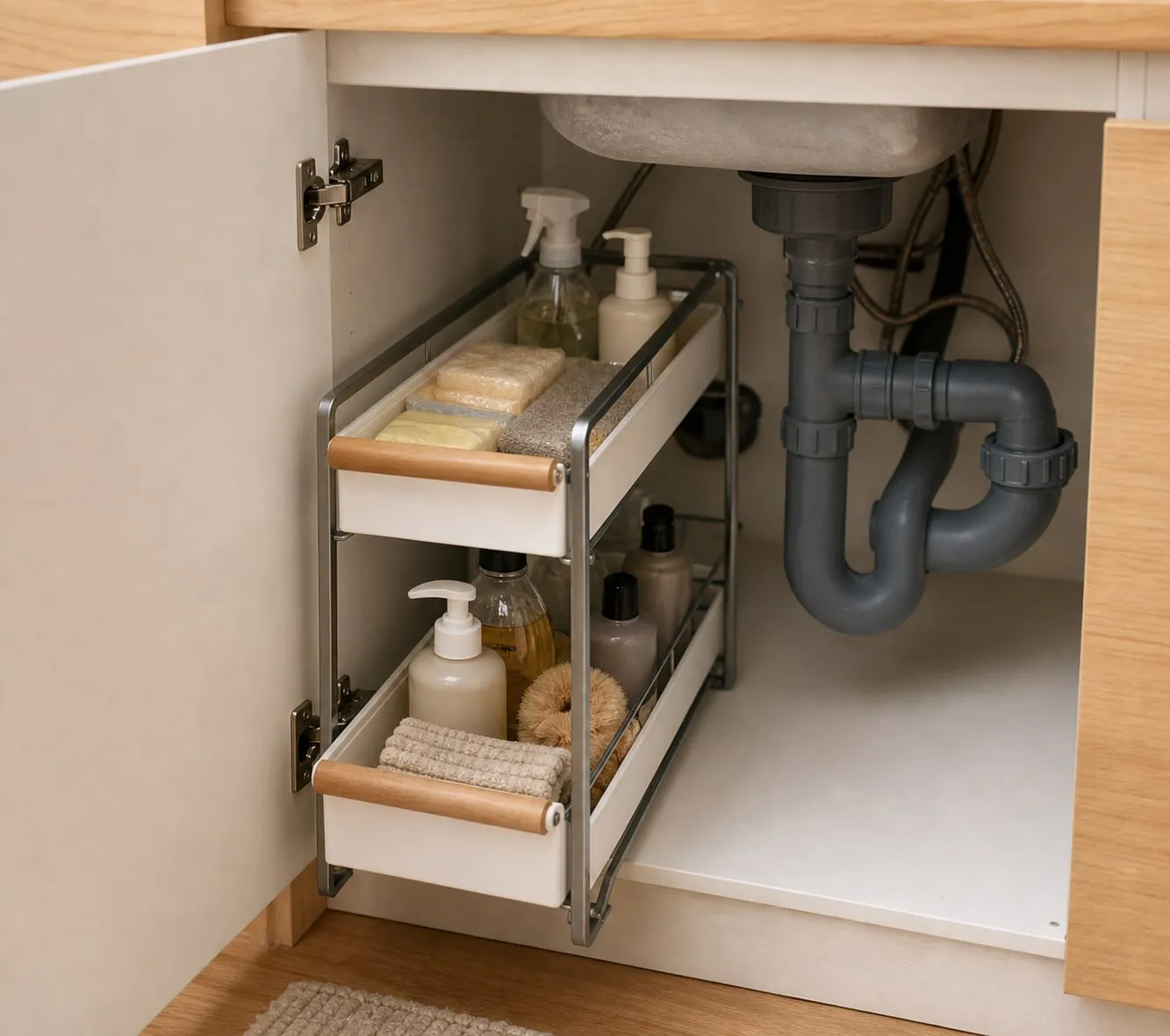 A white pull-out organizer placed beside a drain pipe and P-trap in an under-sink cabinet with visible clearance
