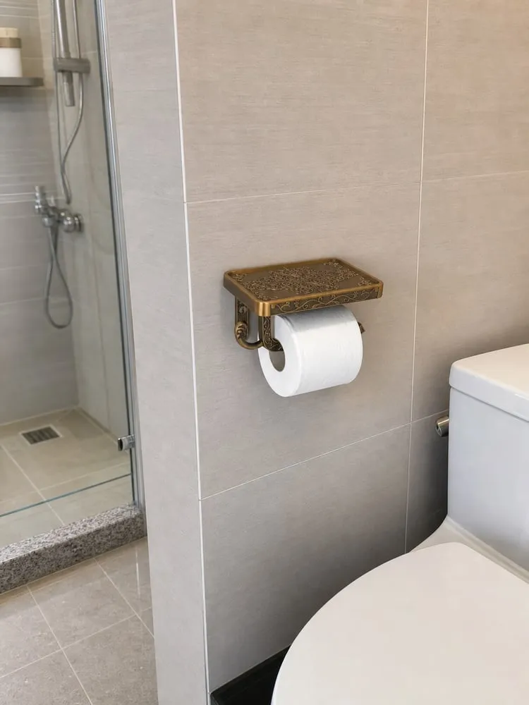 A shelf-style toilet paper holder installed on a dry side wall away from the shower area