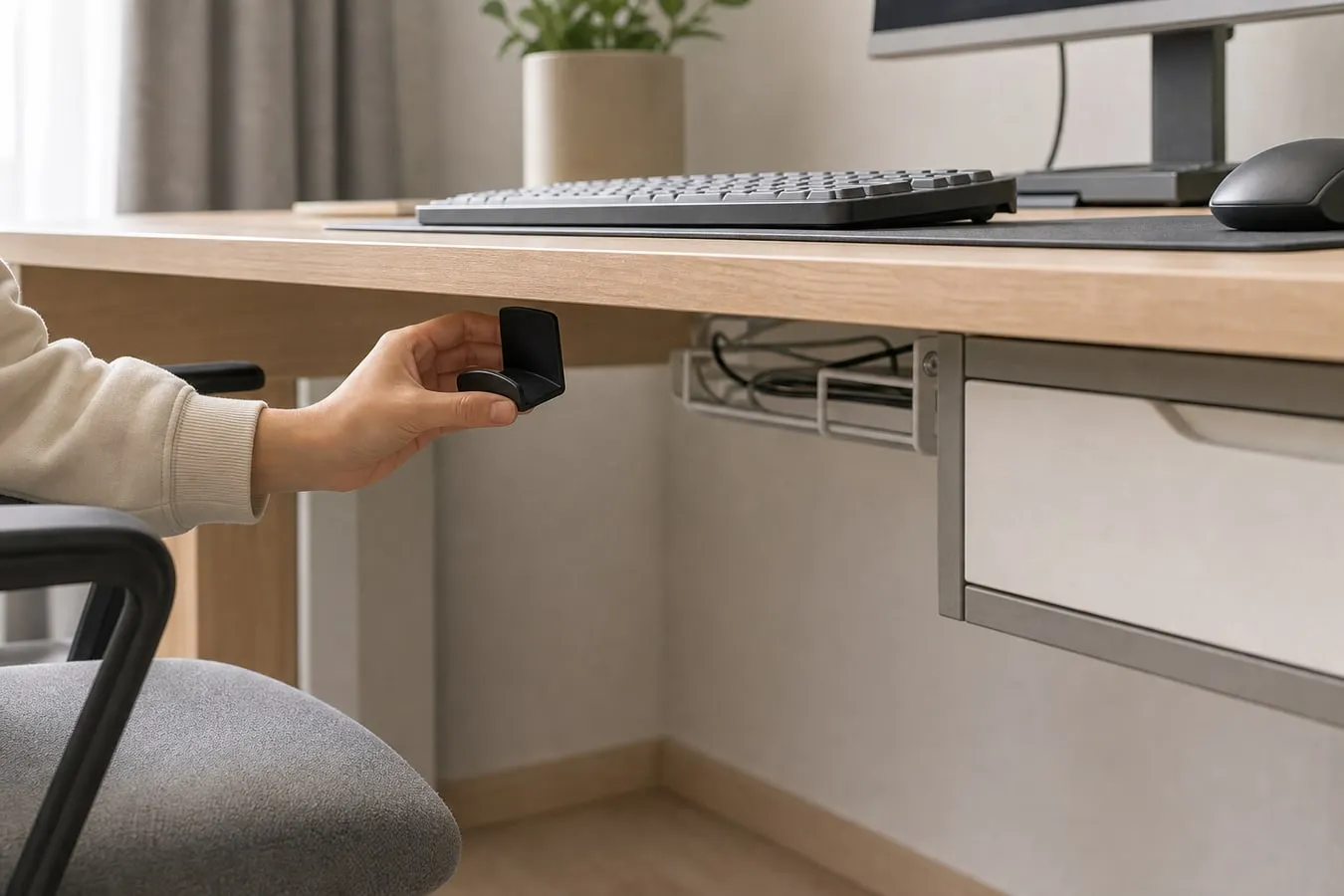 A hand test-positioning a small hook under a compact desk while knee space, a drawer, and cable tray are visible