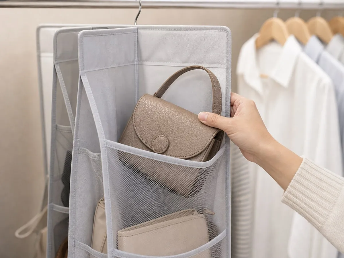 A hand placing a small casual handbag into a mesh pocket of a hanging closet bag organizer