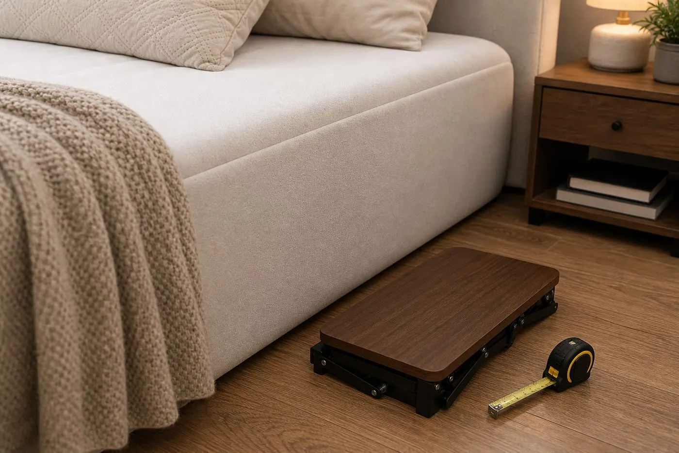 A wood-tone clip-on bedside tray placed on the floor beside a fully upholstered bed frame where it cannot clamp securely