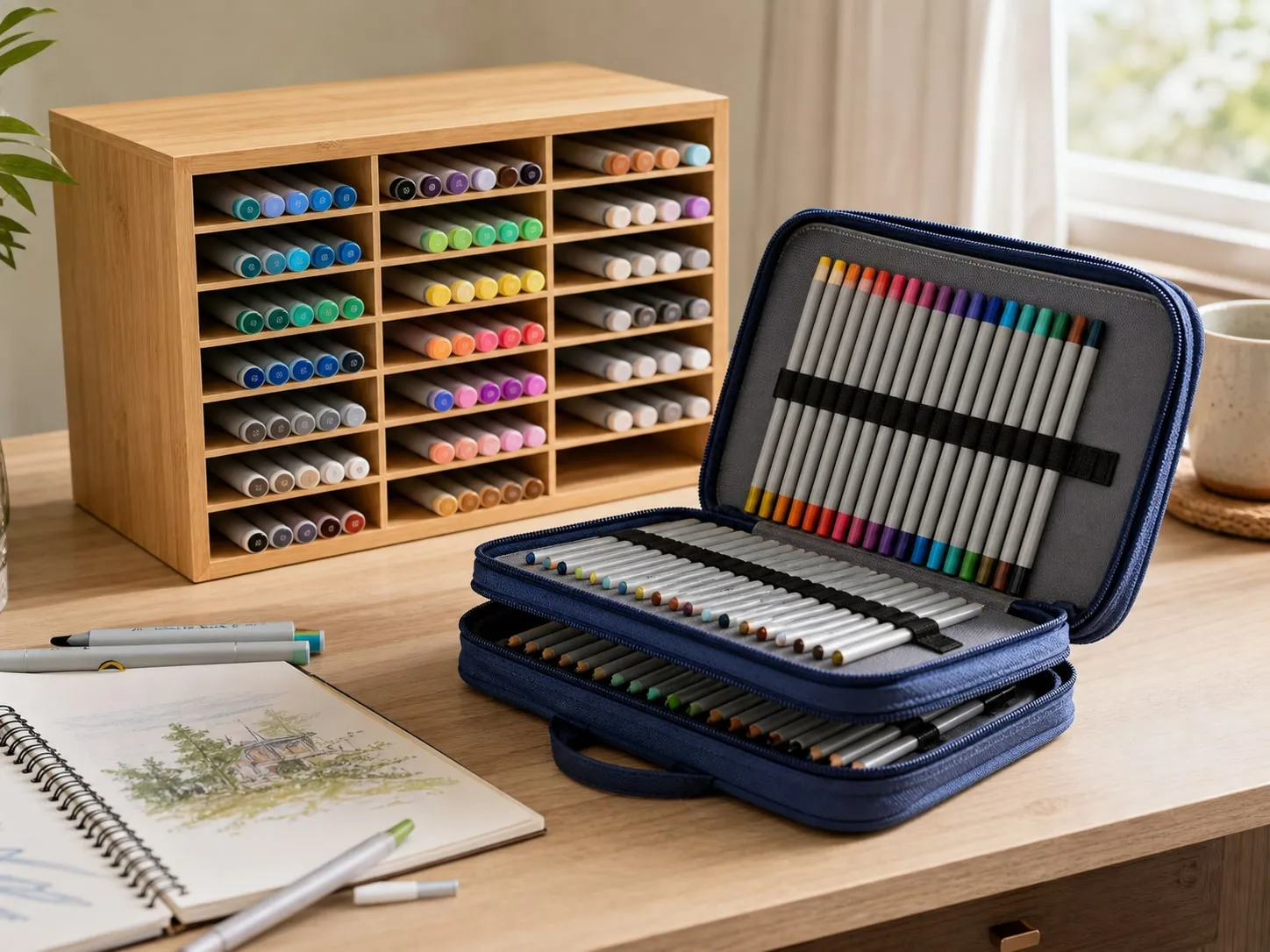 Open blue zippered pencil case with elastic loops beside a bamboo marker rack on a craft table