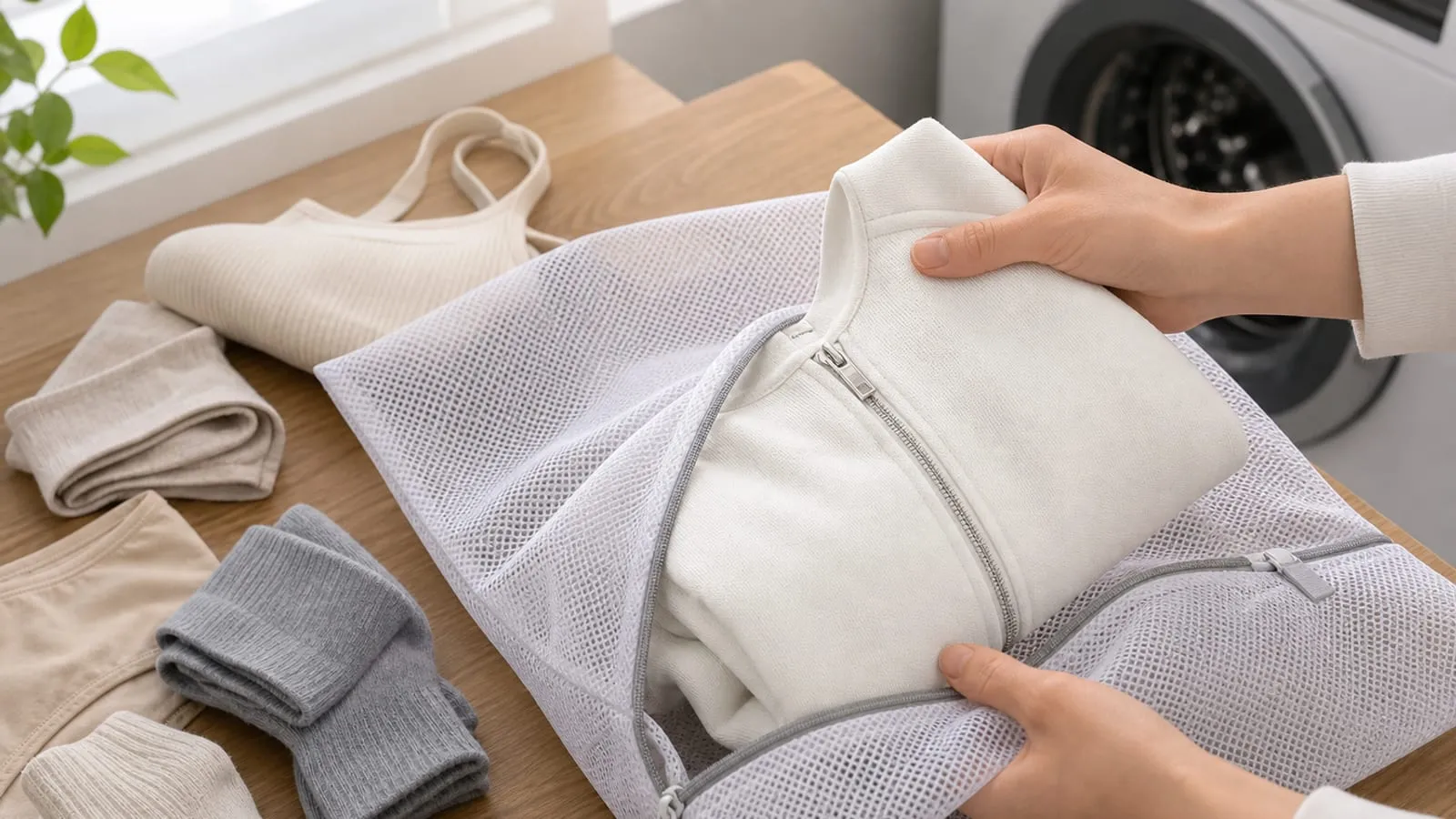 Hands closing garment hooks and a zipper before placing a folded garment into a white mesh laundry bag