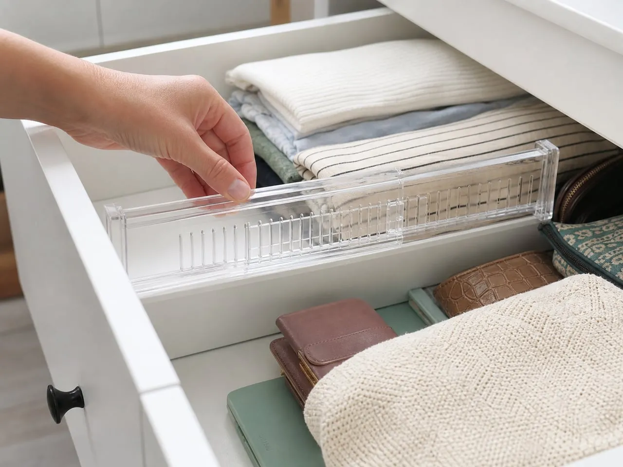 A clear adjustable divider being fitted gently between drawer walls