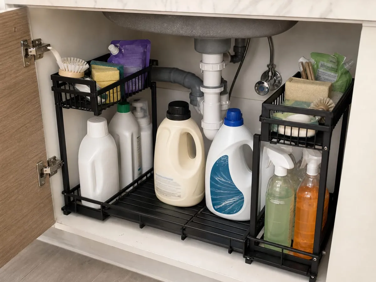 Heavy bottles stored low and lighter supplies stored above