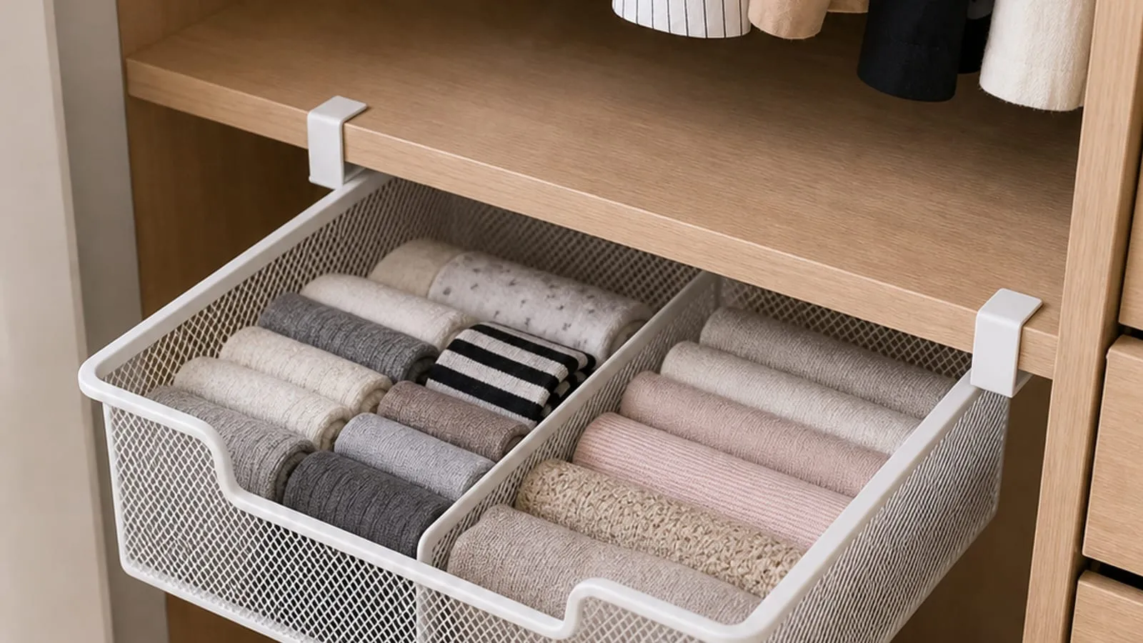 White under-shelf mesh basket pulled forward inside a wardrobe to check hinge and clothing clearance