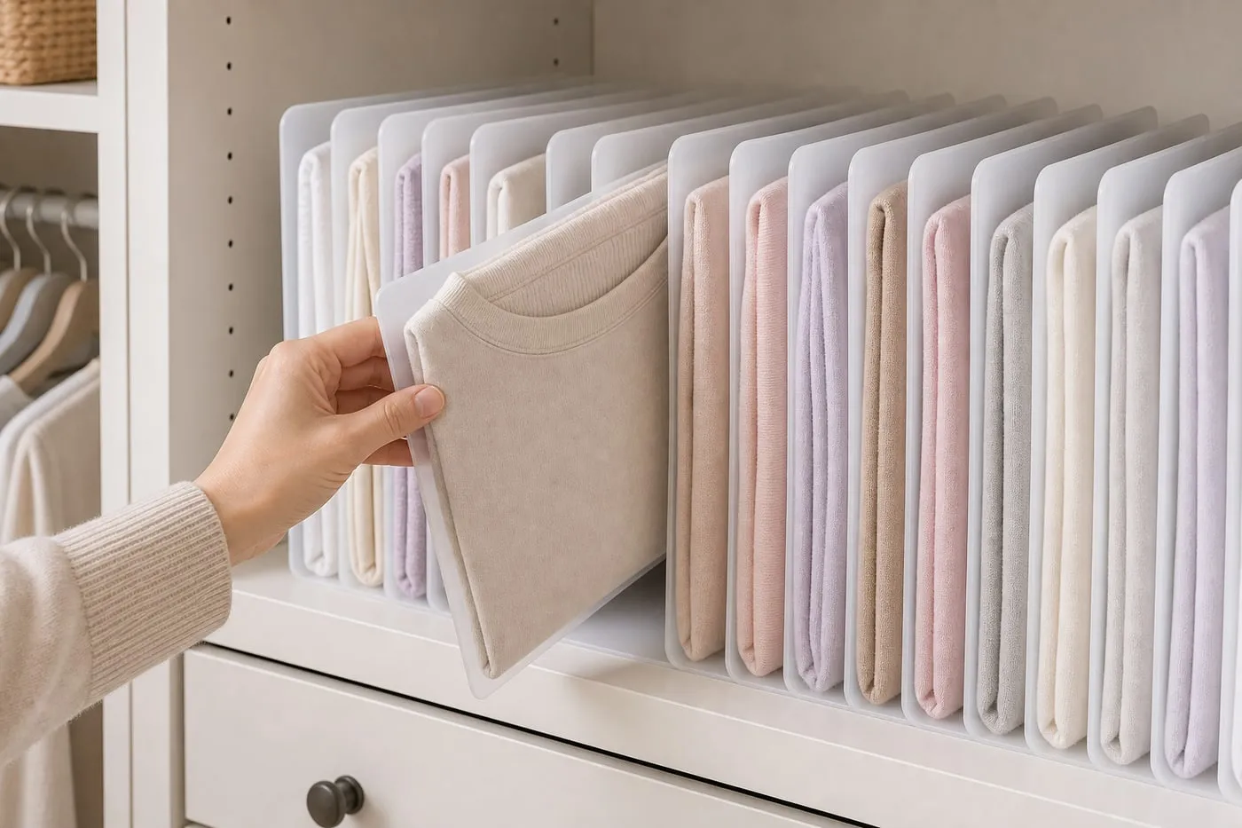 A hand sliding one folded shirt and translucent plastic board forward from the middle of a closet shelf row