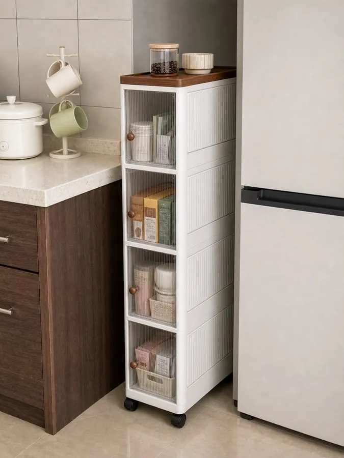 A white slim rolling cabinet partly pulled out from the gap beside a refrigerator, showing the small casters and front clearance