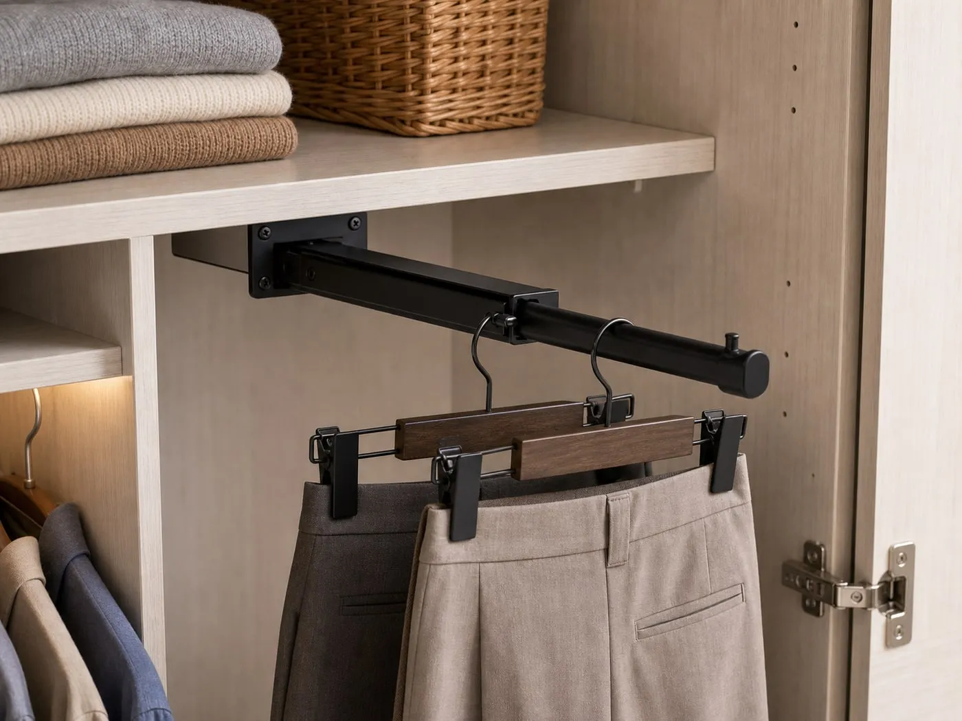 A black screw-mounted pull-out wardrobe rail partially extended with light trousers