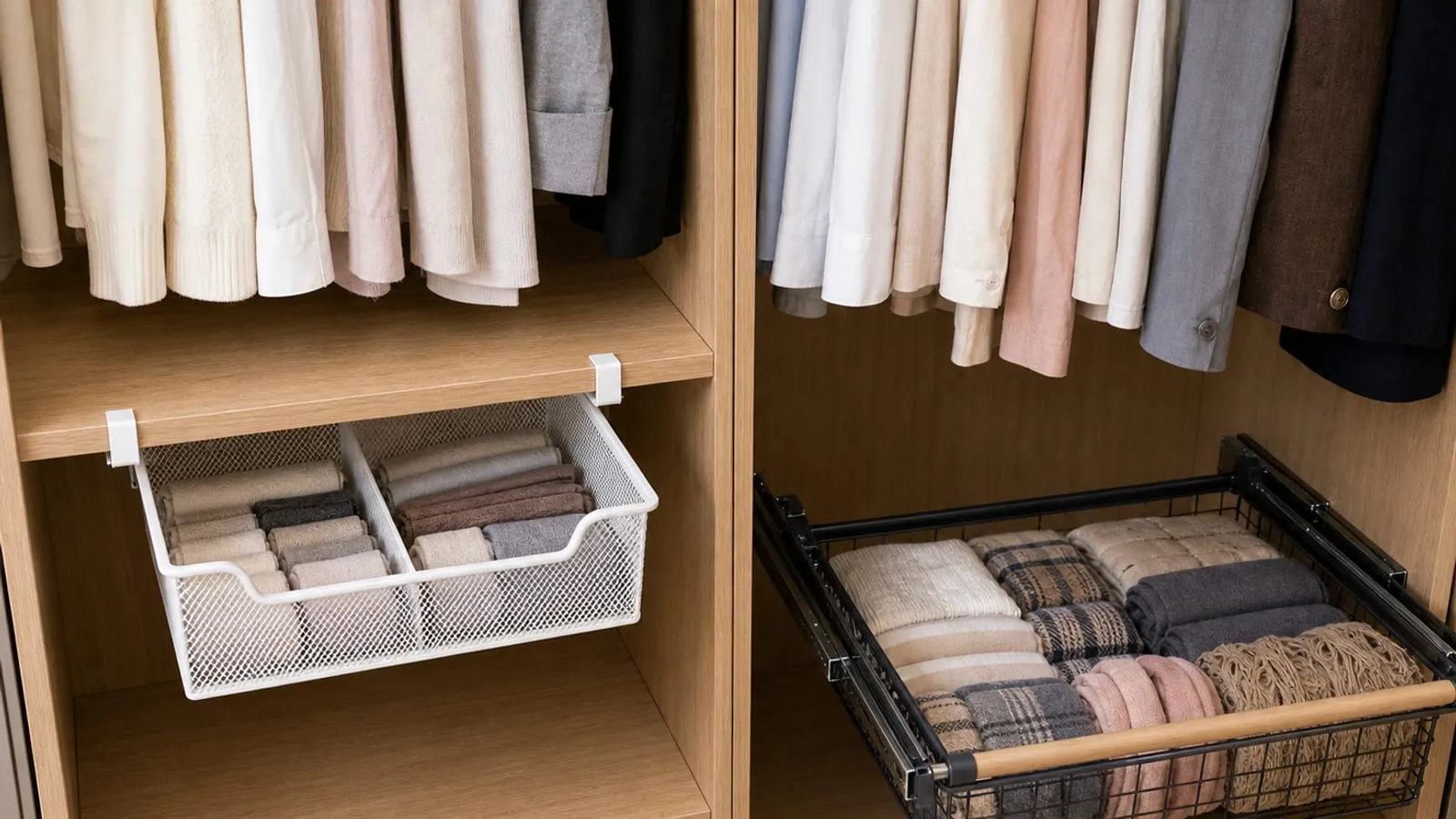 Under-shelf mesh basket compared with a lower rail-mounted metal pull-out basket in the same wardrobe