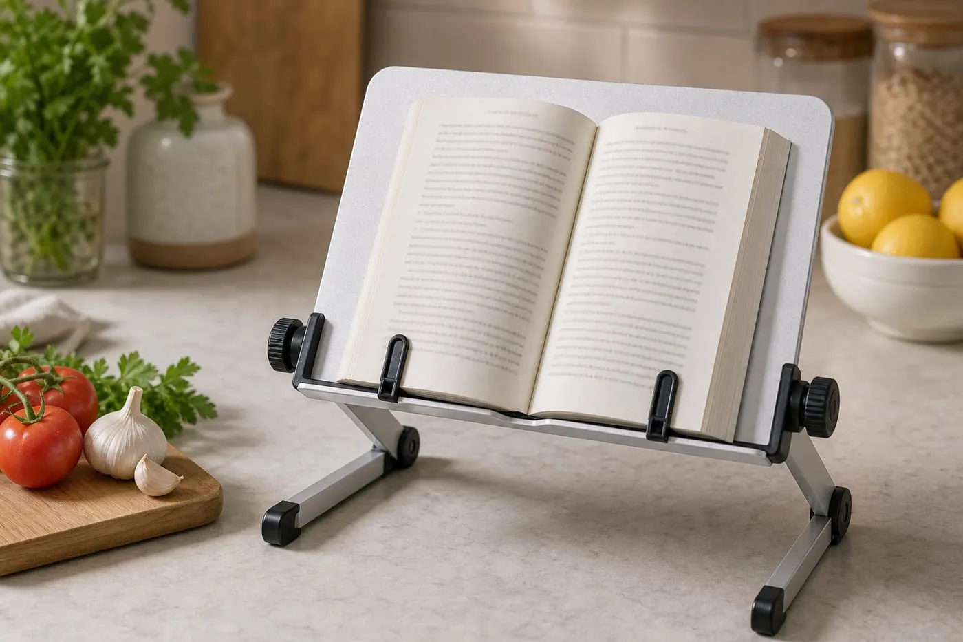 A silver adjustable book stand holding a recipe book on a kitchen counter away from the sink and heat sources, with ingredients nearby but not touching