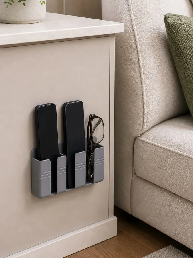 A gray plastic wall holder mounted low beside a sofa, holding two plain remotes turned inward and a pair of glasses