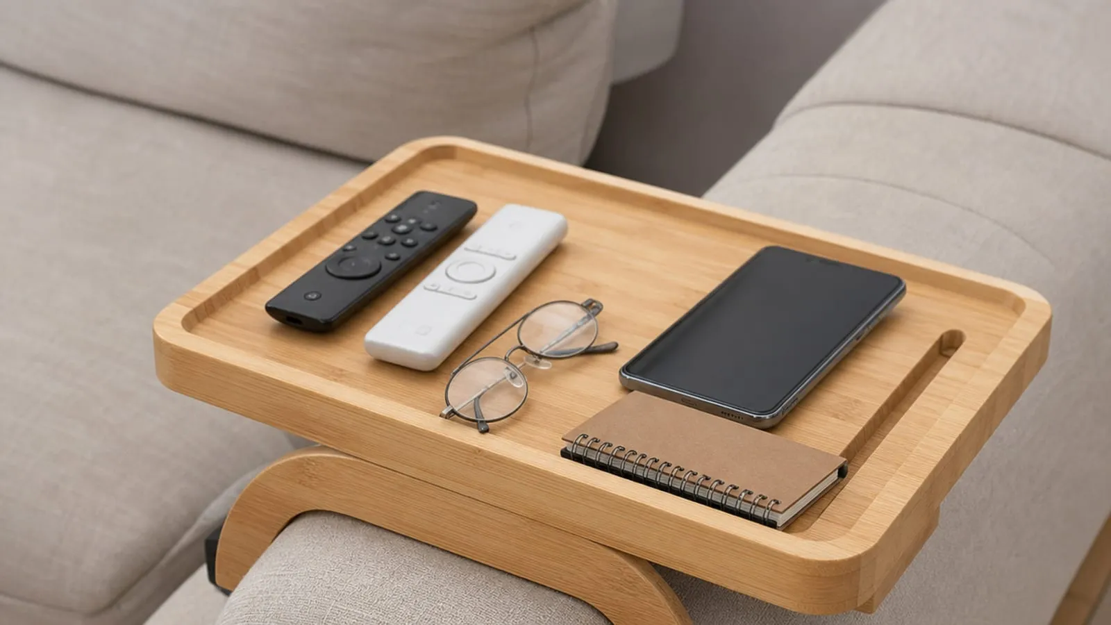Wood sofa-arm tray holding two remotes, a phone, glasses, and a small notebook