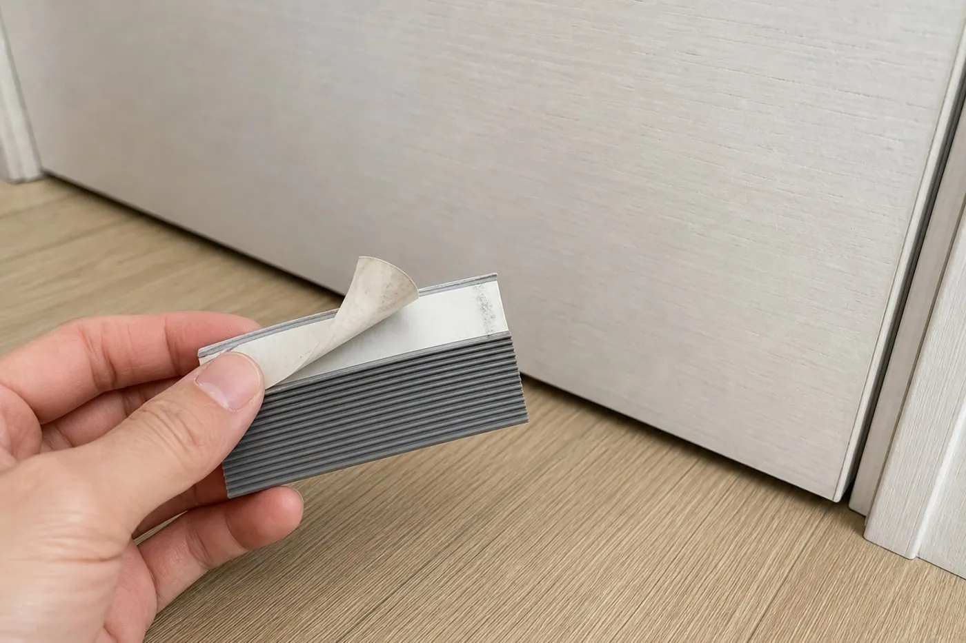 A hand holding a small grey door-bottom strip offcut with adhesive backing partly peeled near a painted door surface