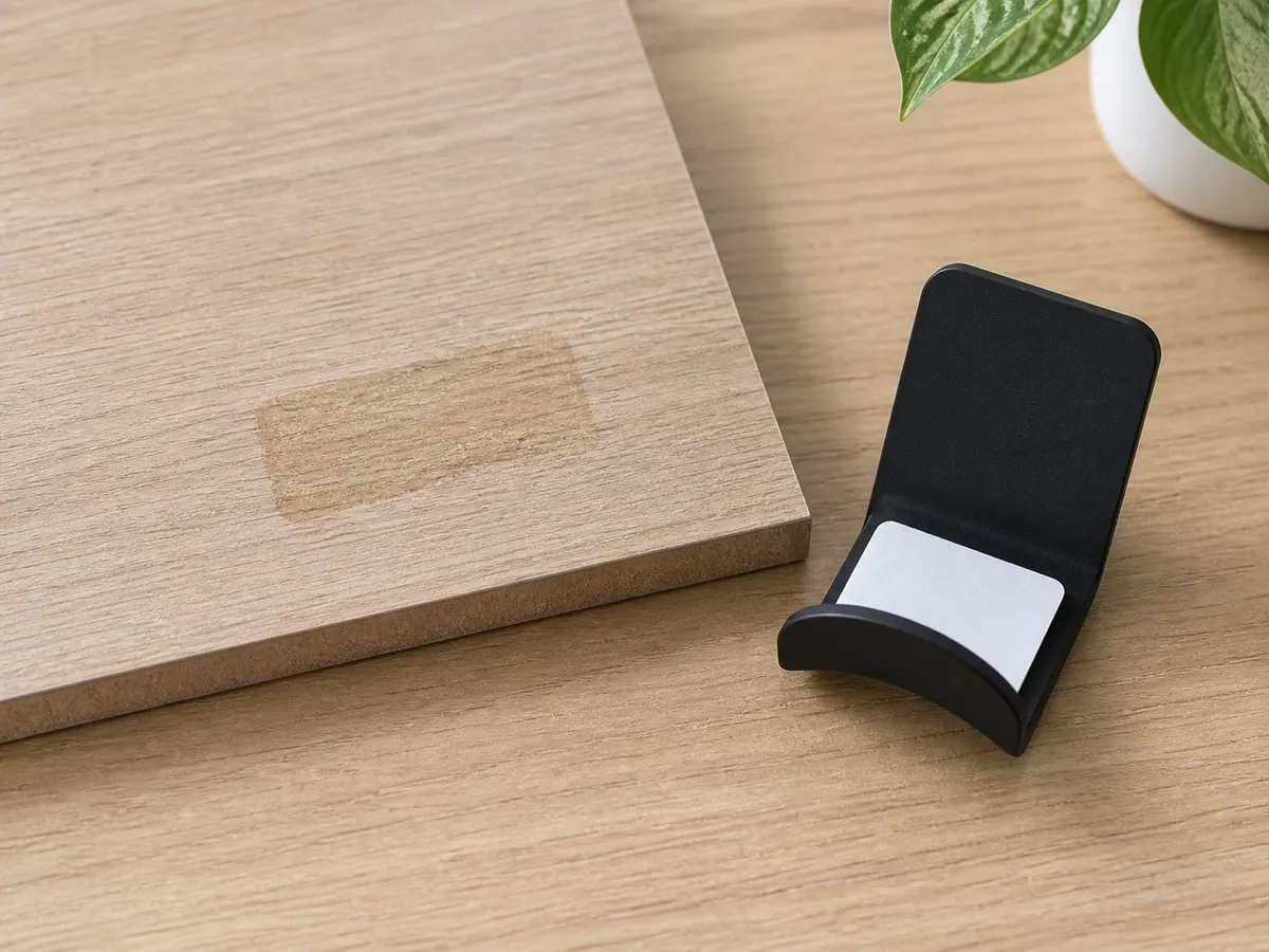 A small headphone hook beside a laminate sample board with a faint rectangular adhesive residue mark