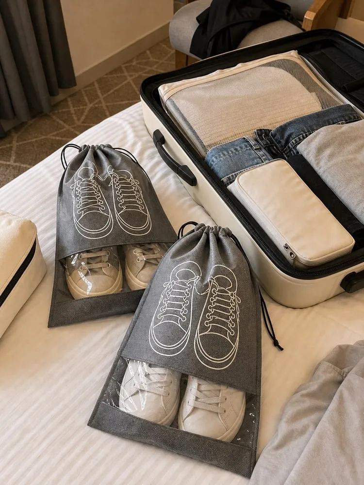 Used but dry walking shoes placed into grey travel shoe bags during hotel-room packing