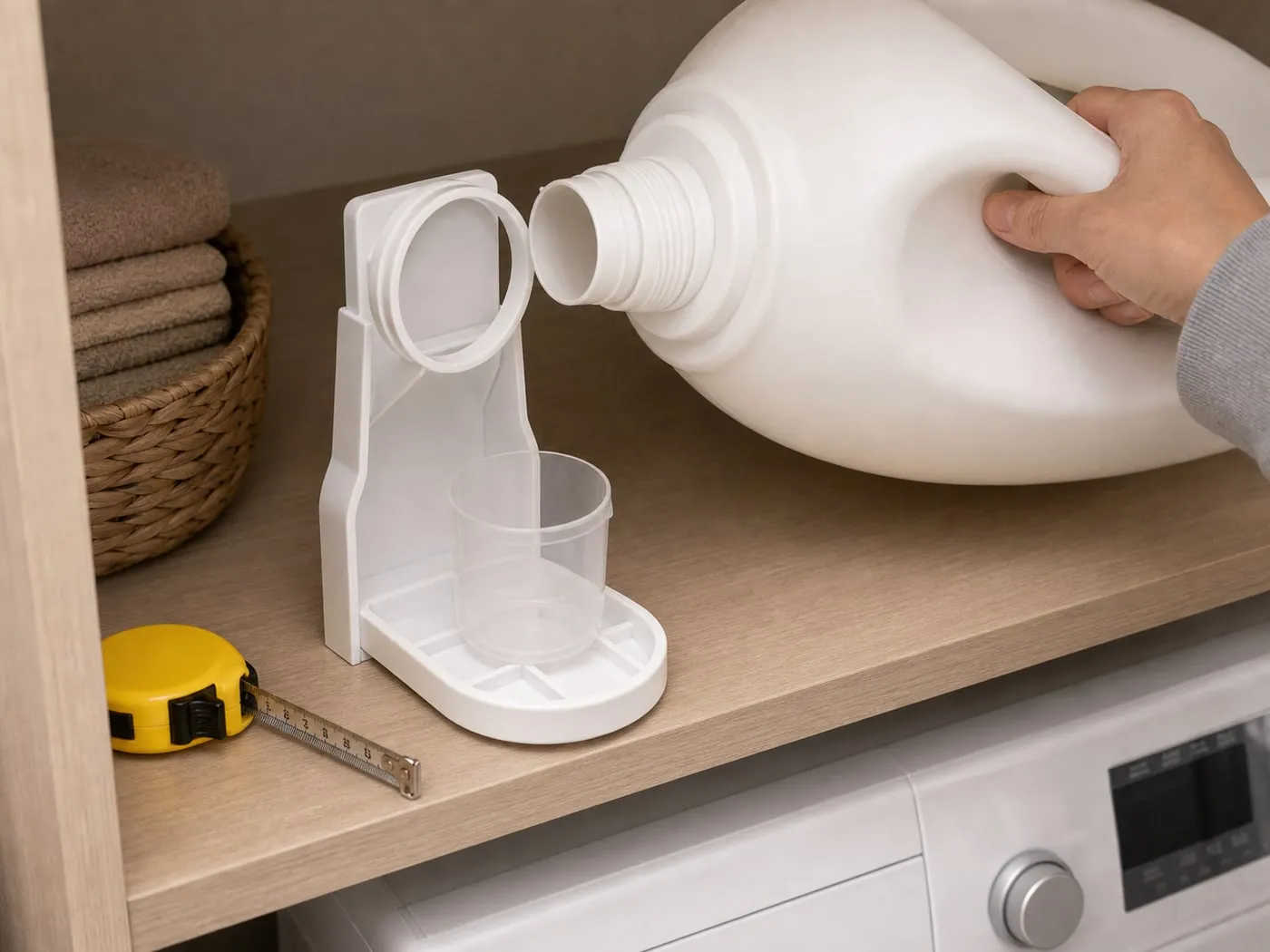 A hand checking whether a white detergent cup holder ring fits around an unbranded jug spout on a laundry shelf