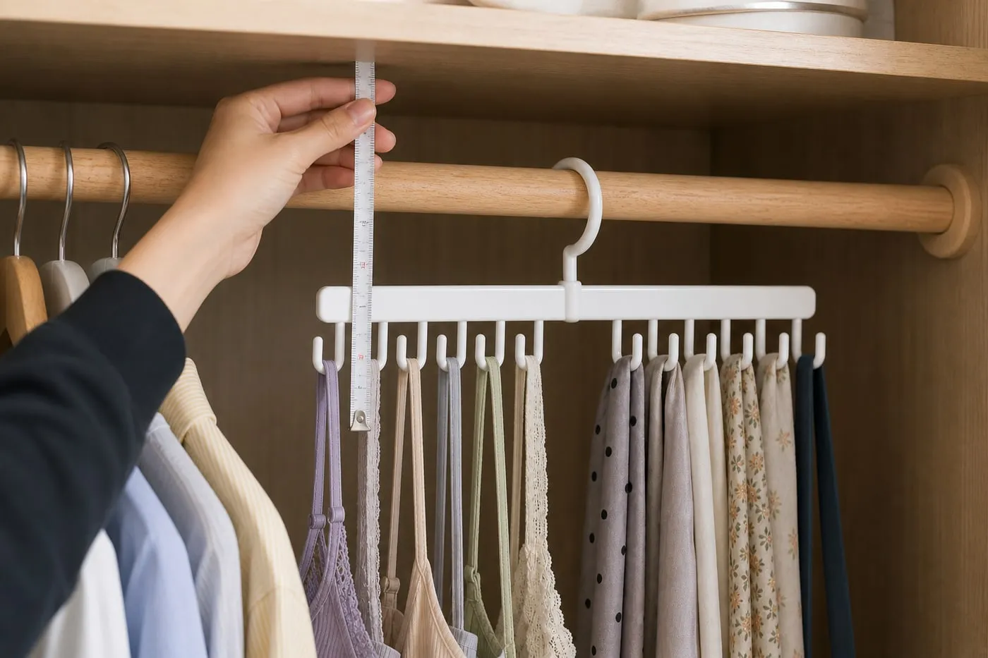 A hand measuring clearance between a closet rod and the shelf above while a white plastic hook hanger sits nearby