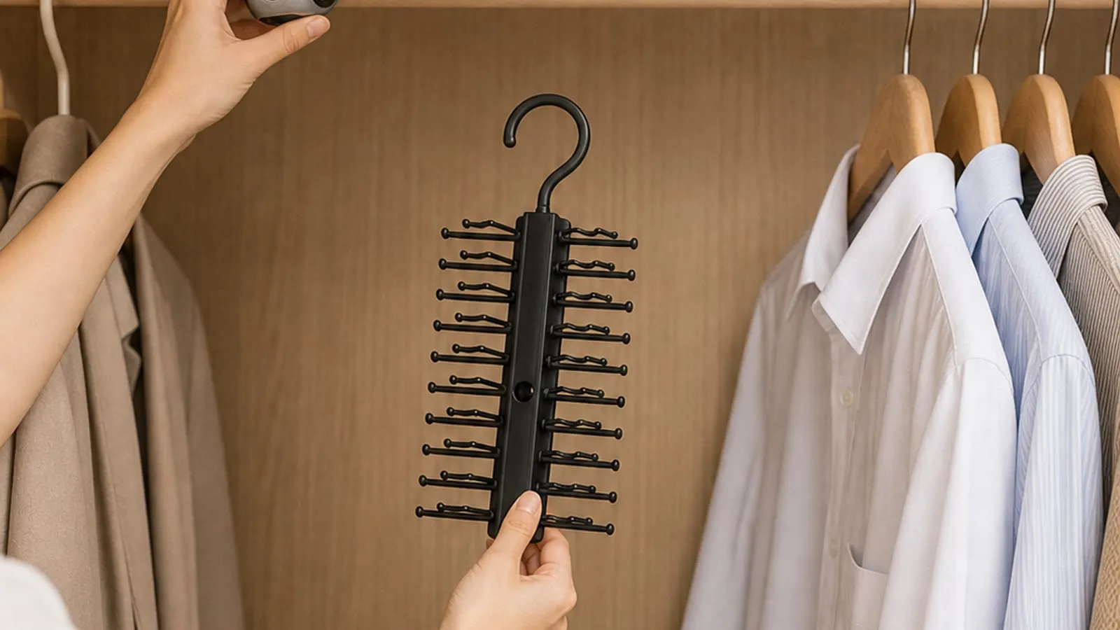 Checking closet rod and upper shelf clearance with a black tie and belt rack nearby
