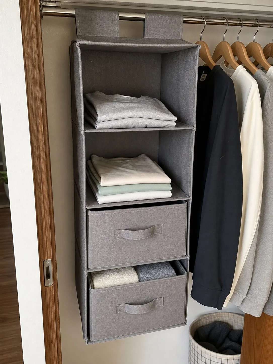 A gray fabric hanging shelf suspended from a closet rod