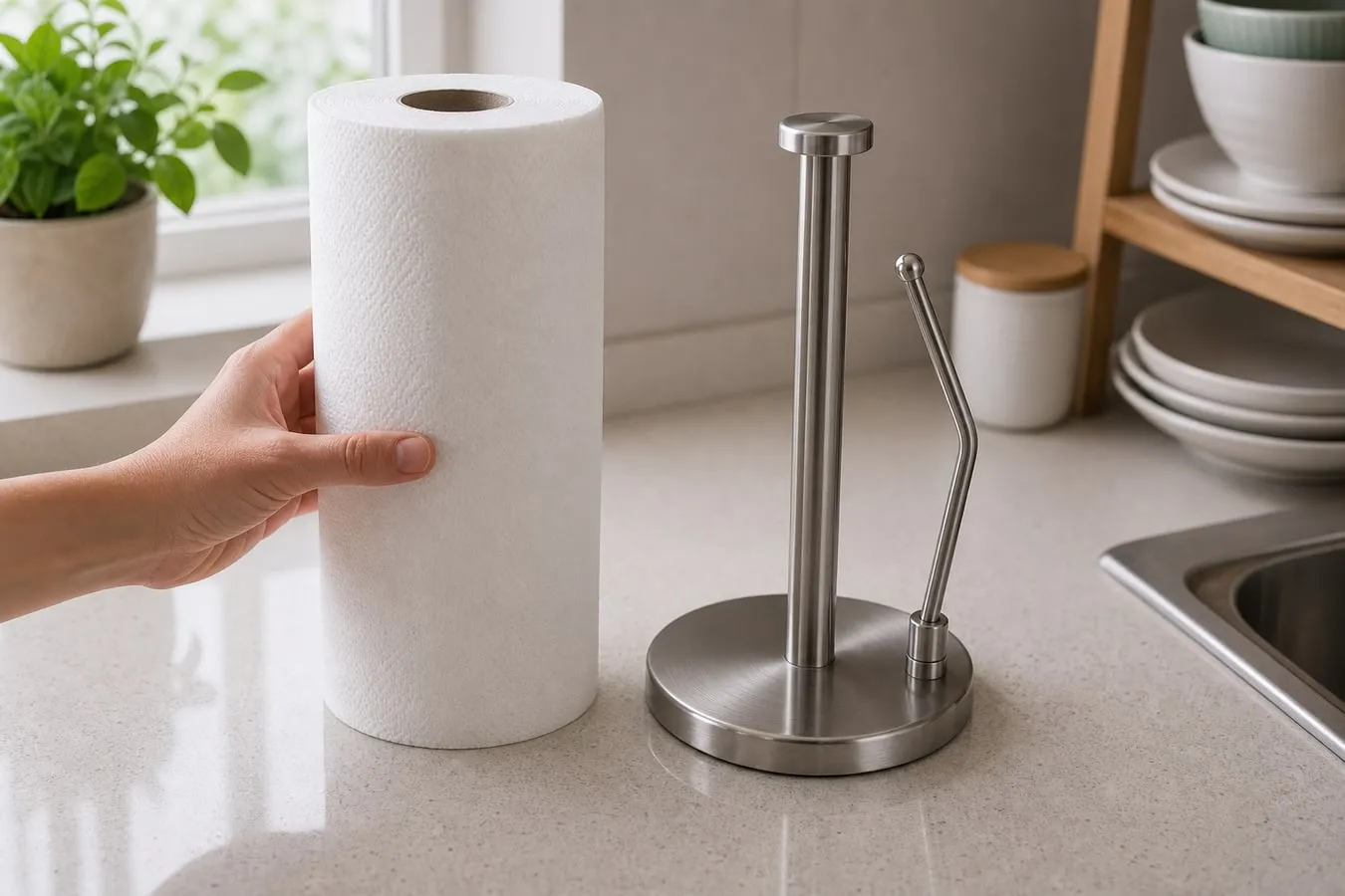 A plain white paper towel roll being held beside a stainless standing holder to compare roll height and diameter on a kitchen counter