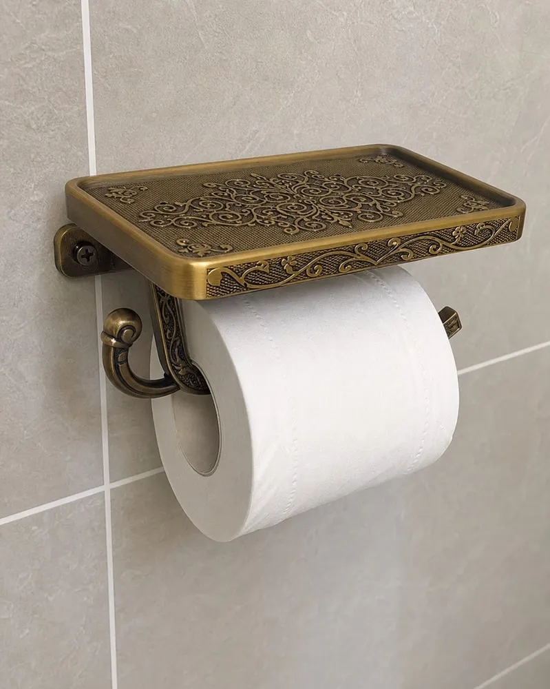 A close view of a toilet roll on the open side arm under the small shelf