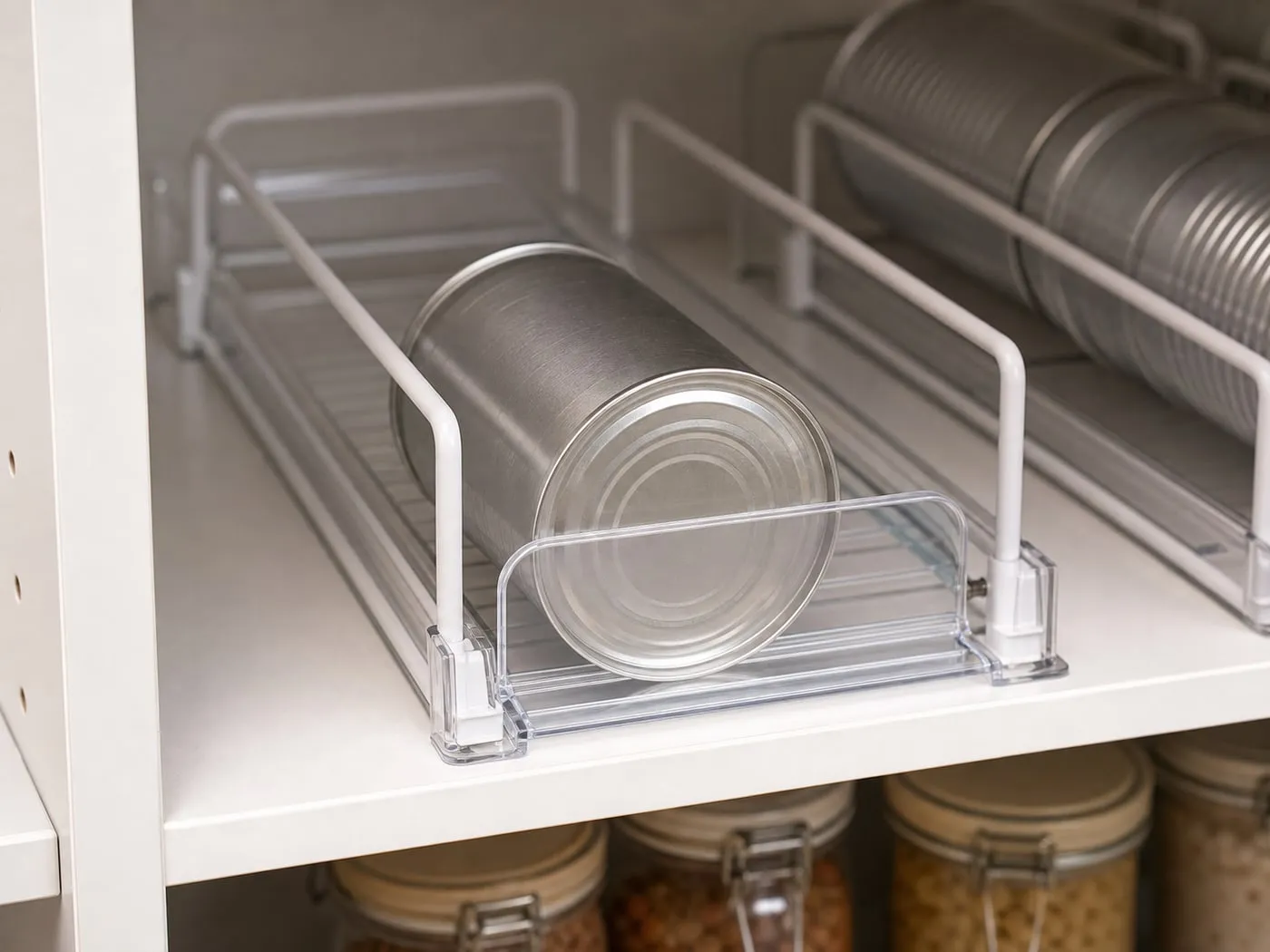 A clear rolling can dispenser lane with one sealed can resting behind the front stopper