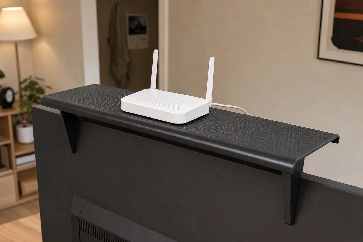 Small lightweight router centered on a screen-top shelf