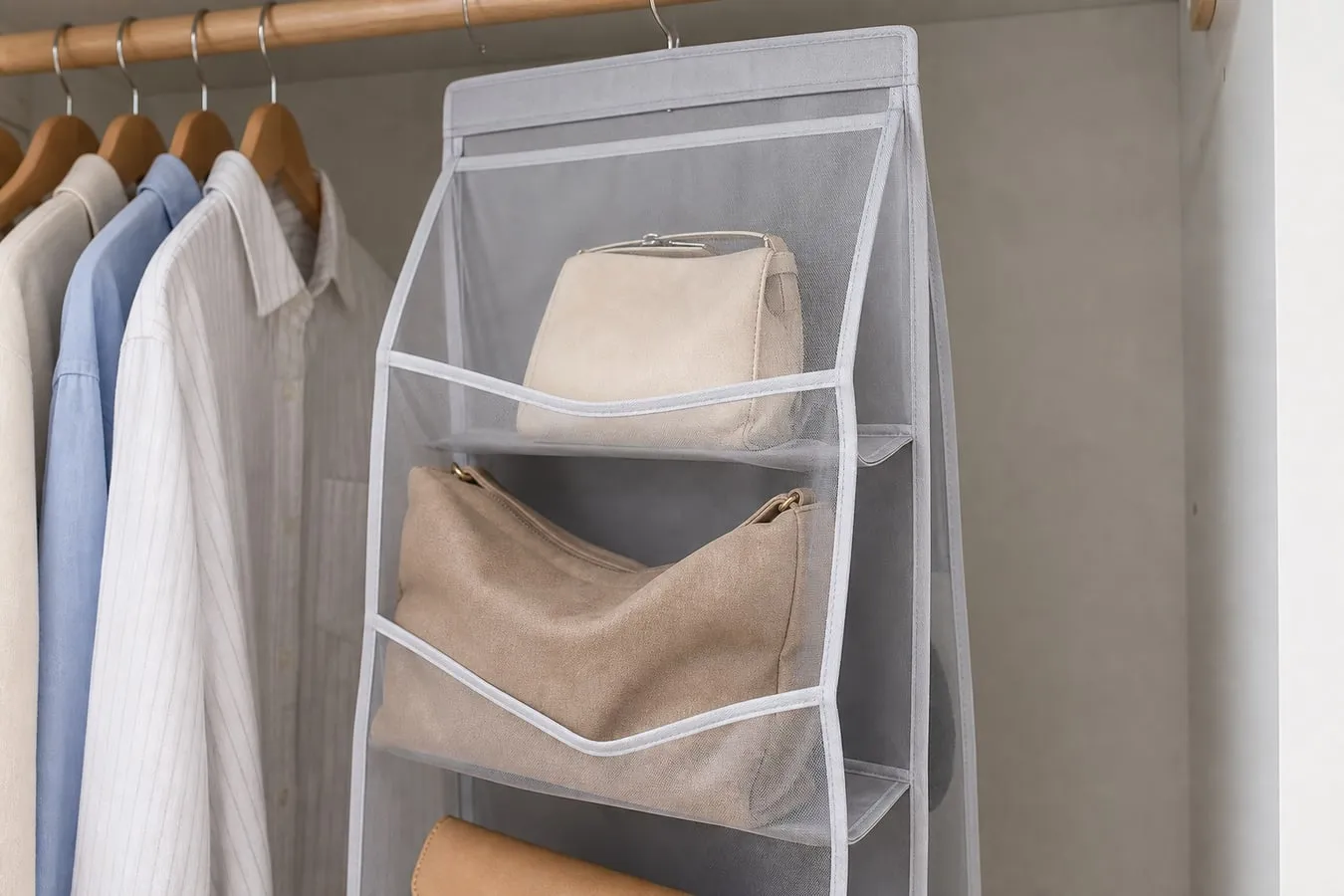 One soft pocket sagging slightly with a bulky soft bag while a smaller pouch sits normally in another pocket