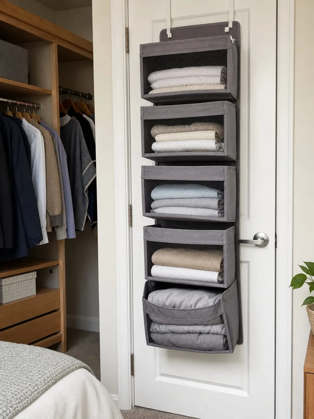 A lower pocket bowing slightly from too much folded clothing