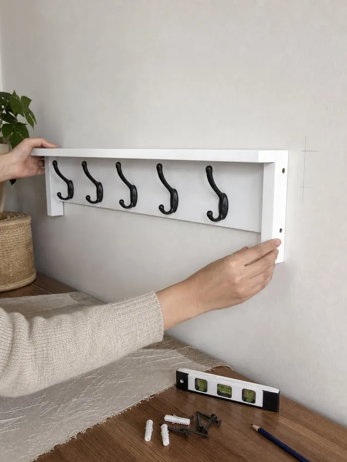 A white wall-mounted rack being held against a wall while screw positions, anchors, and a small level are checked