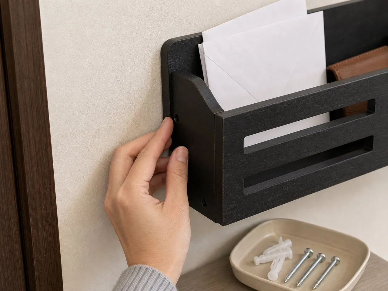Checking the side screw position of a black wall-mounted key and mail organizer