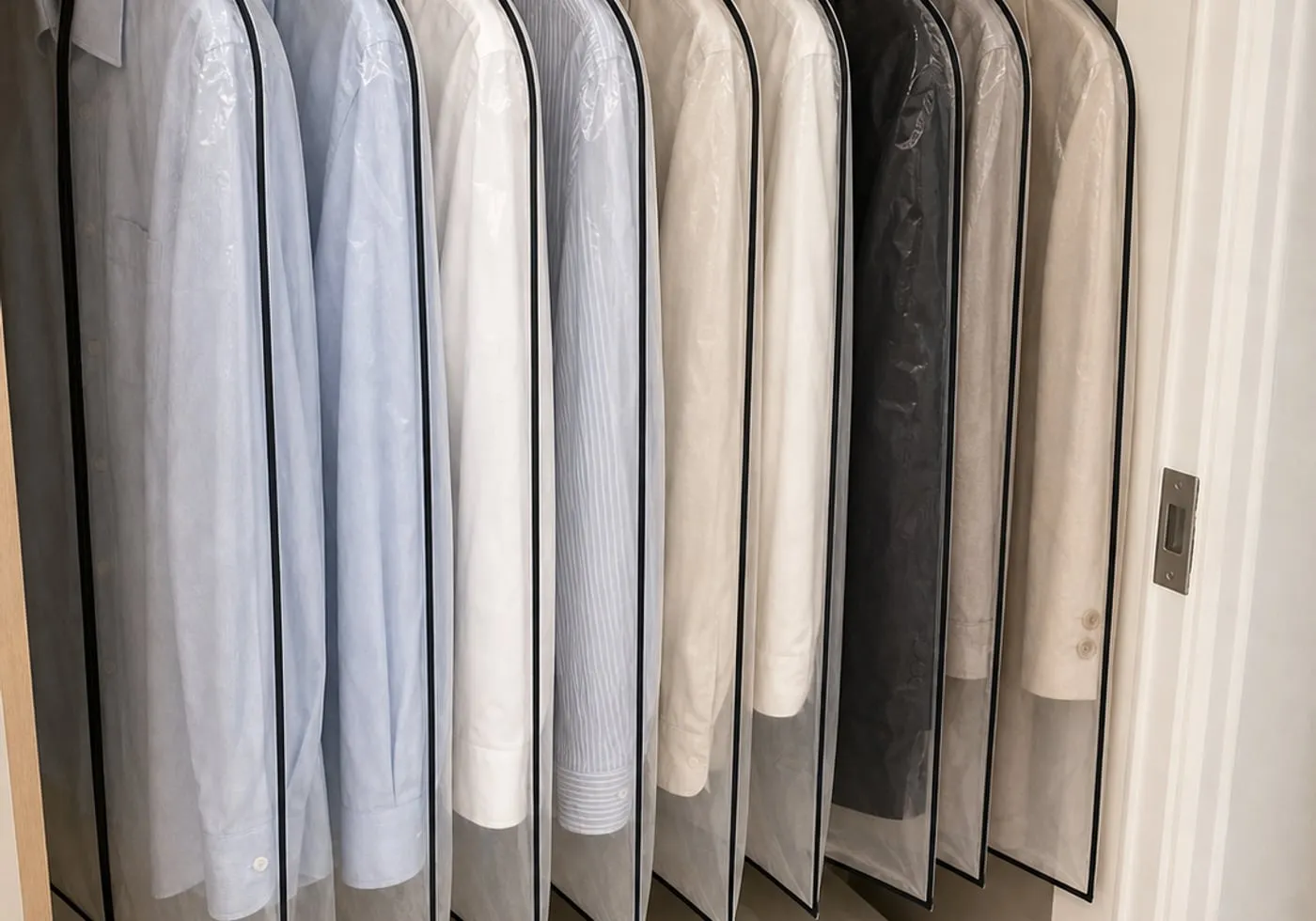 A closet corner with off-season shirts and light jackets stored in individual transparent garment covers, with plain boxes below