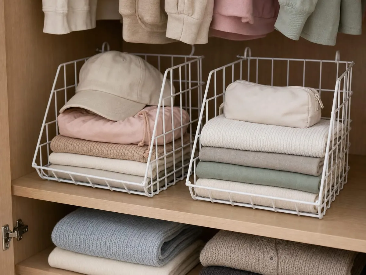 Two white wire baskets placed side by side on a cabinet shelf with folded cloths, a hat, and small pouches inside