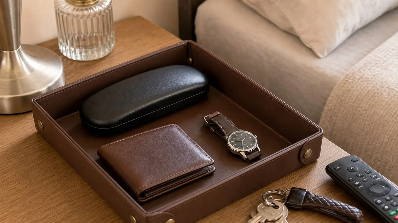 Low-sided brown valet tray with keys and a remote near the edge