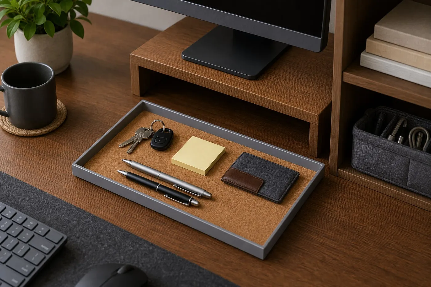 A gray aluminum and cork tray holding only keys, pens, sticky notes, and a slim wallet while books and a small tool pouch sit outside the tray