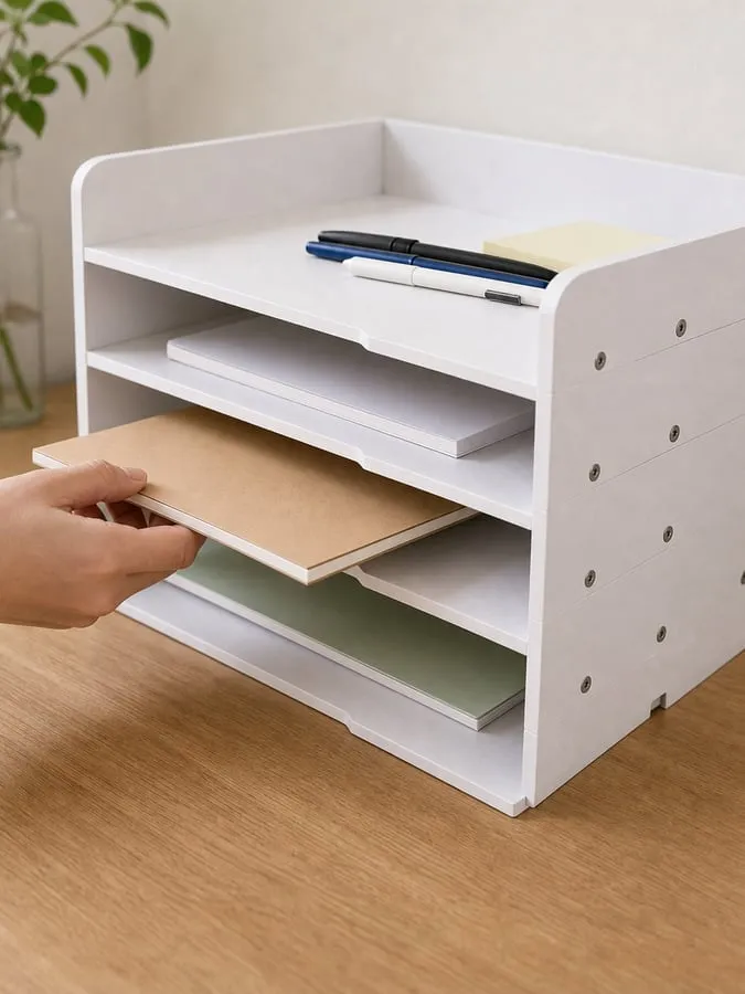A hand sliding a thin folder into one shelf of a white paper tray to check shelf height and inner depth