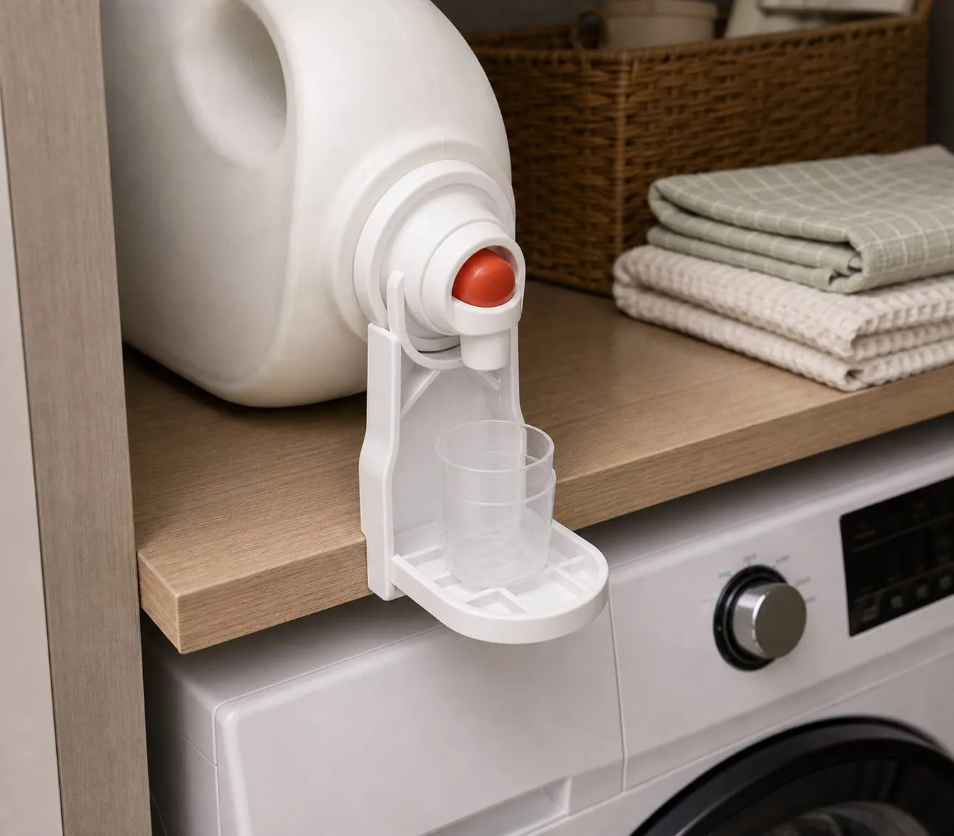 A detergent jug placed near the front edge of a laundry shelf so the white holder and lower tray can hang below the spout