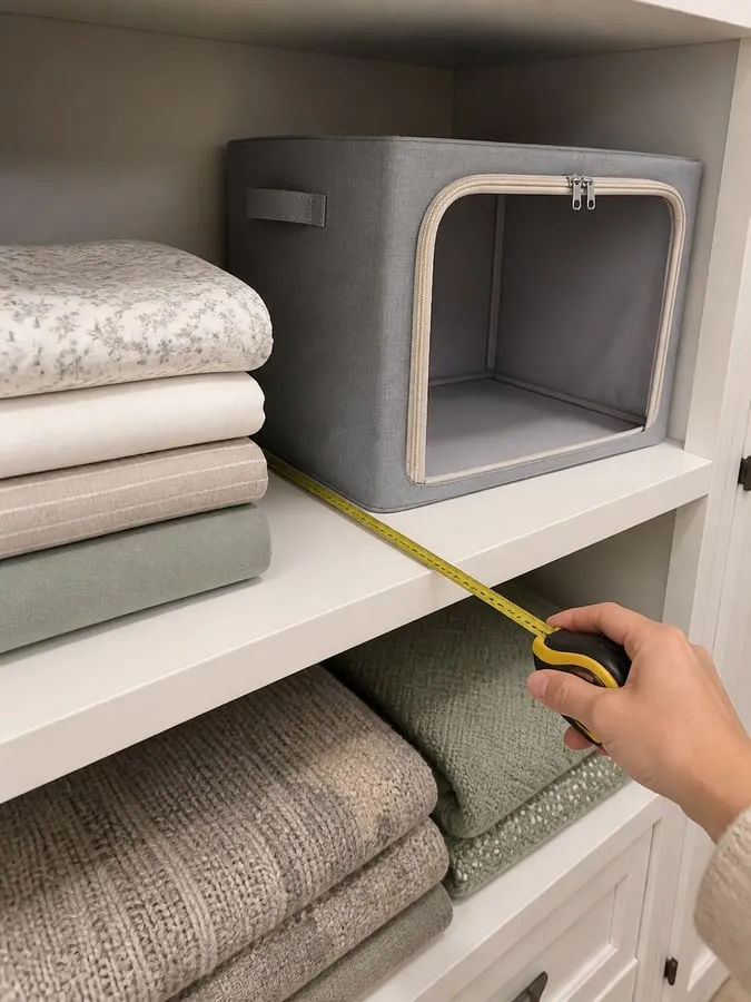A tape measure stretched across a closet shelf with an empty gray framed fabric bedding storage box and folded sheets nearby