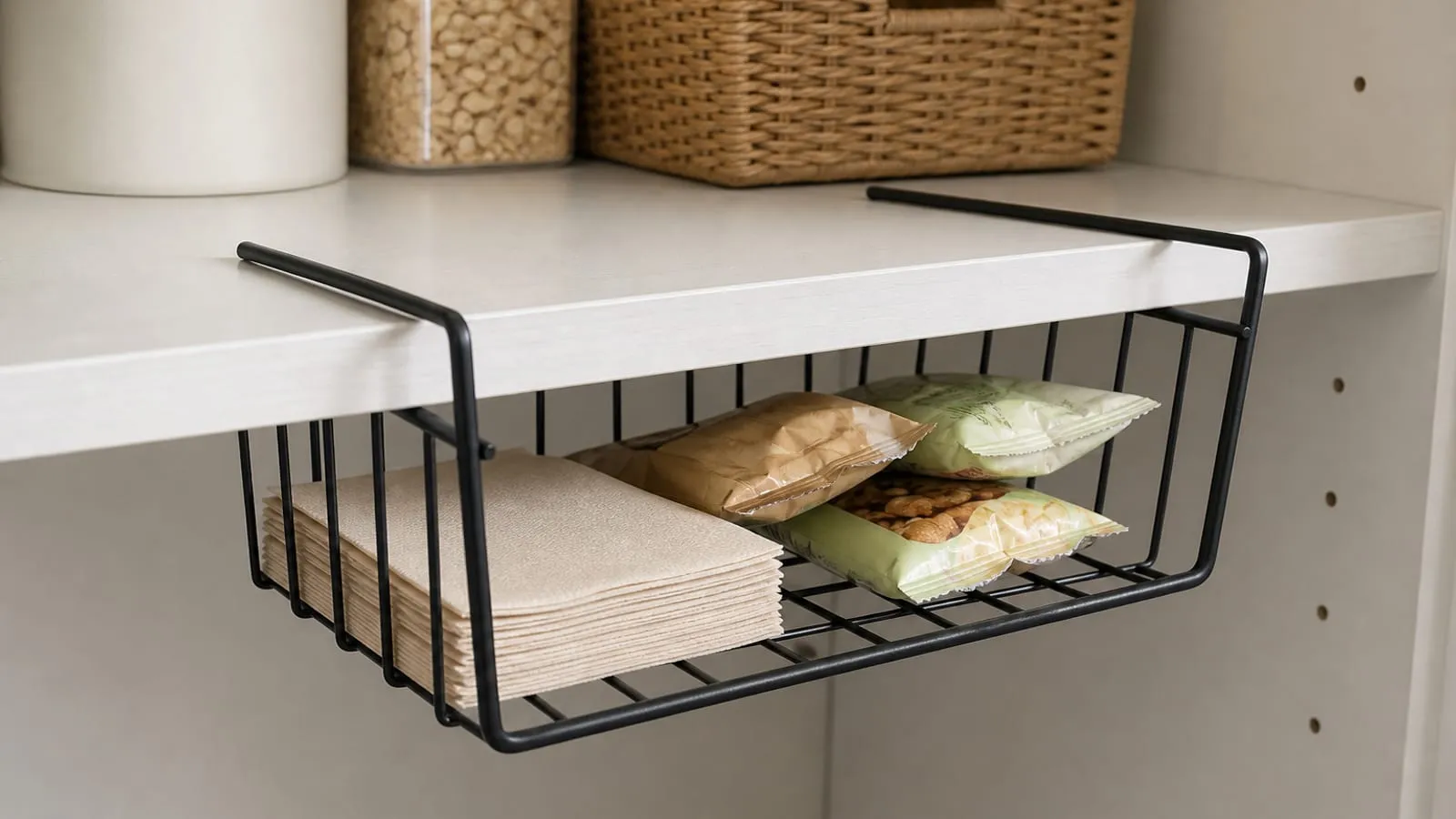 A close view of a black wire under-shelf basket showing the slide-in arms over a white shelf edge