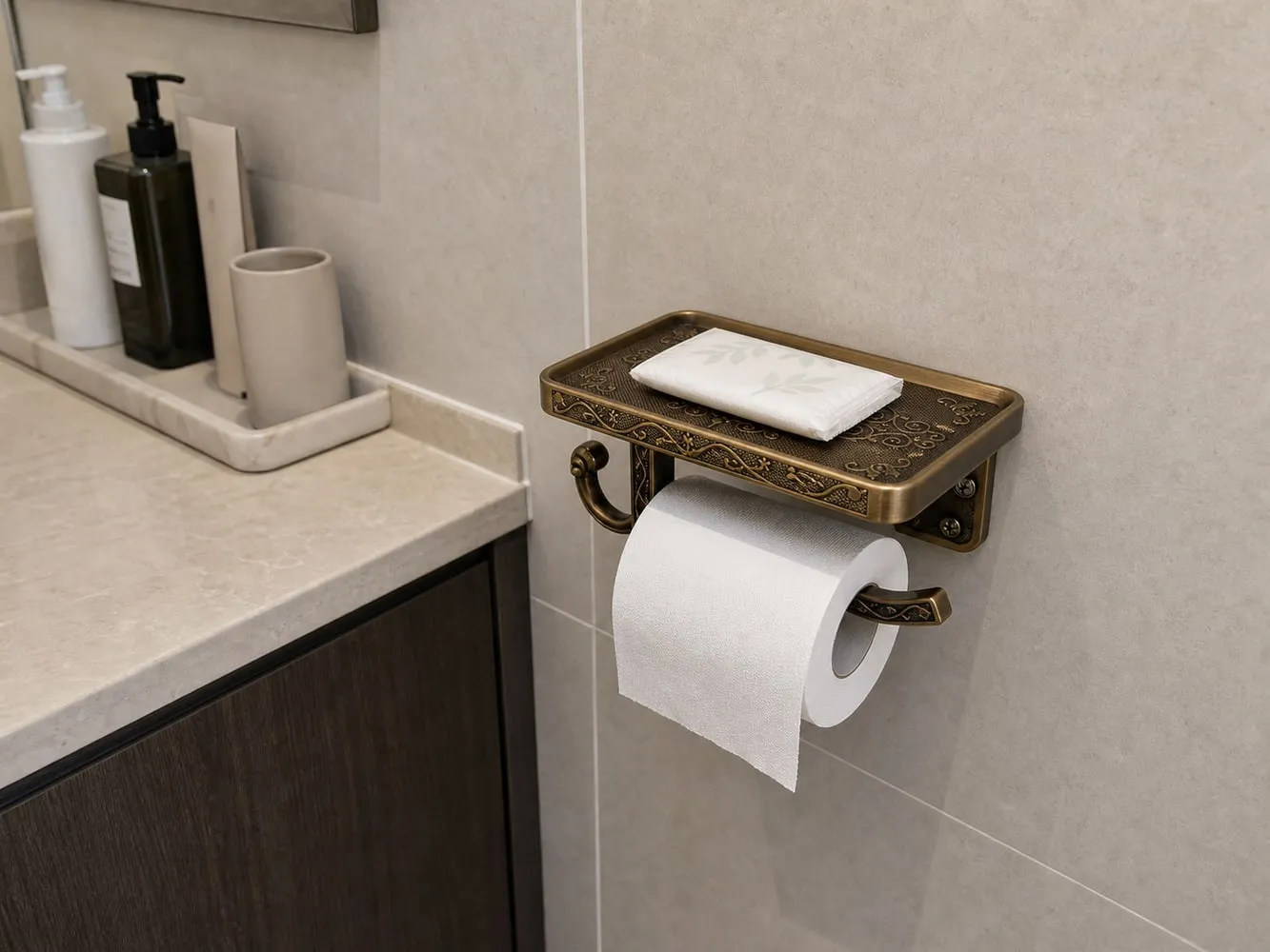 A shelf-style toilet roll holder with a thin dry tissue packet on top while larger bottles sit separately on the vanity